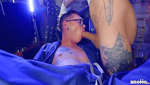 Babe with a tattoo gets creampied by a big cock in the toilet