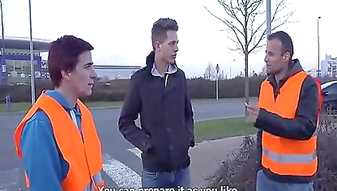 Three guys and a chick go to the parking lot and have group sex!