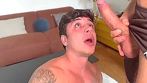 Tattooed hottie with a huge ass deep throats some meat