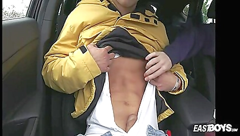 Sexy brunette 18+ is driving in the car with her man