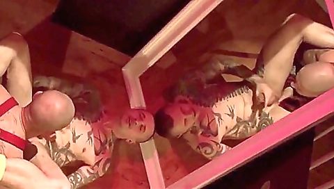 Hot brunette with tattoos on her body is getting in with a big dude