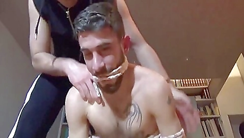 Brunette gets fucked in her leather bondage shorts